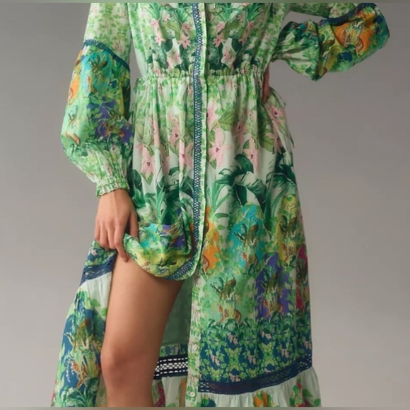 Anthropologie Cotton/Silk Blend Eleanora Maxi Green Jungle Animal Floral Dress S - Picture 3 of 11